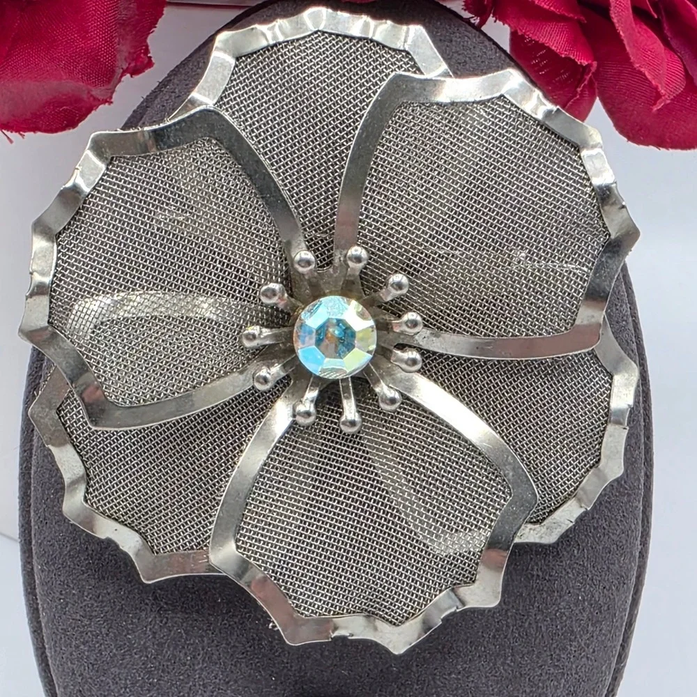 Vintage BED Silver Tone Mesh Flower‎ Brooch Aurora Borealis AB Rhinestone Pin